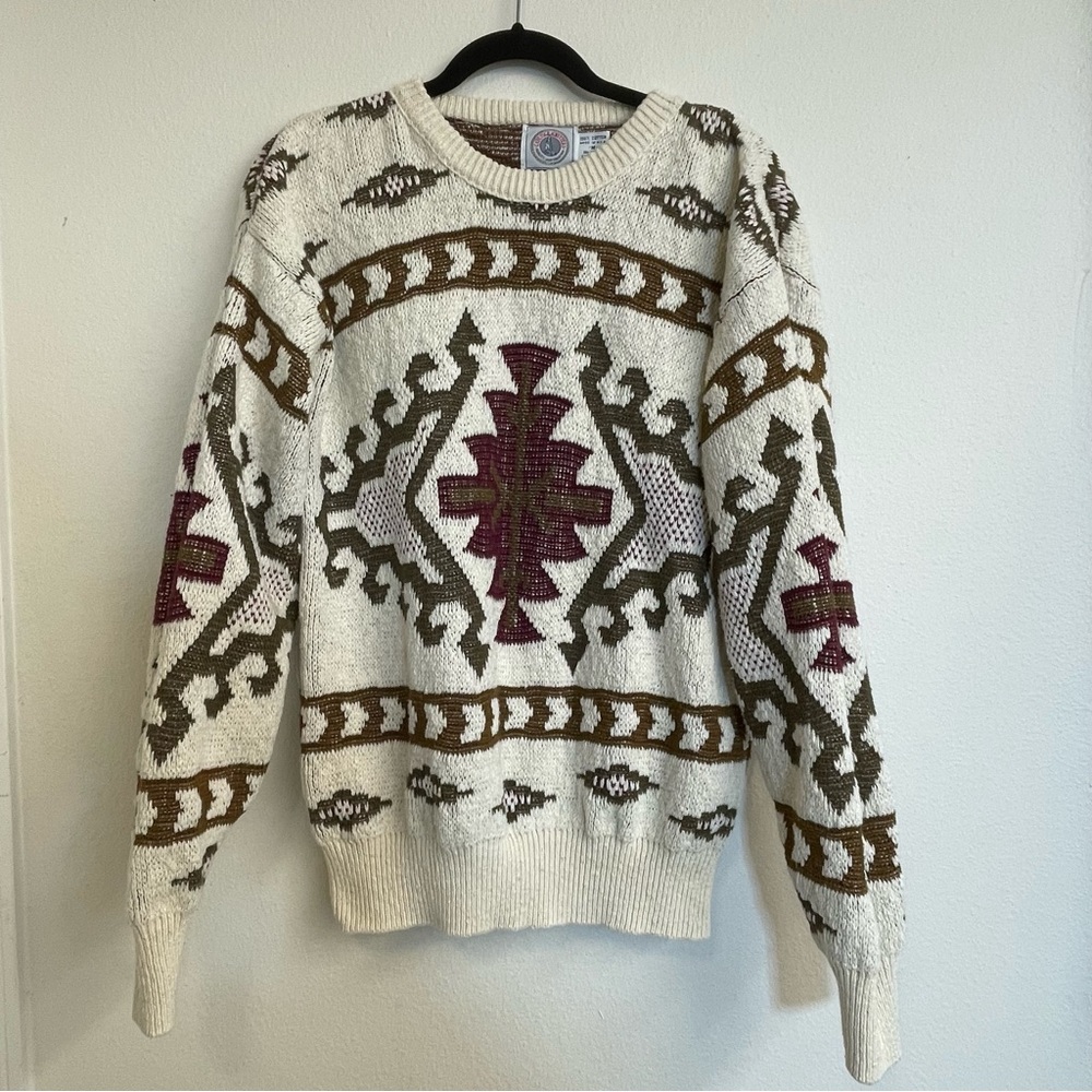 VTG Cape Isle Knitter Sweater Mens M 3D Knit Textured‎ Cosby Geometric Cotton